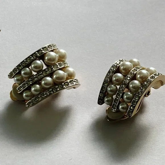 VTG Carolee Earrings Rhinestone Clip Statement Wedding Simulated Diamond Pearls - Picture 2 of 12